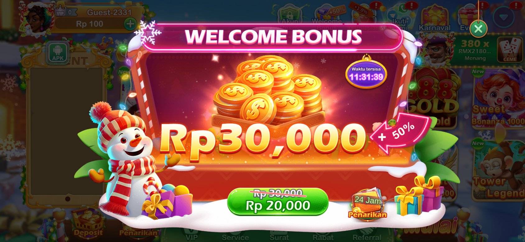 Bonus Selamat Datang PF777 dengan hadiah Rp30,000 untuk pengguna baru.